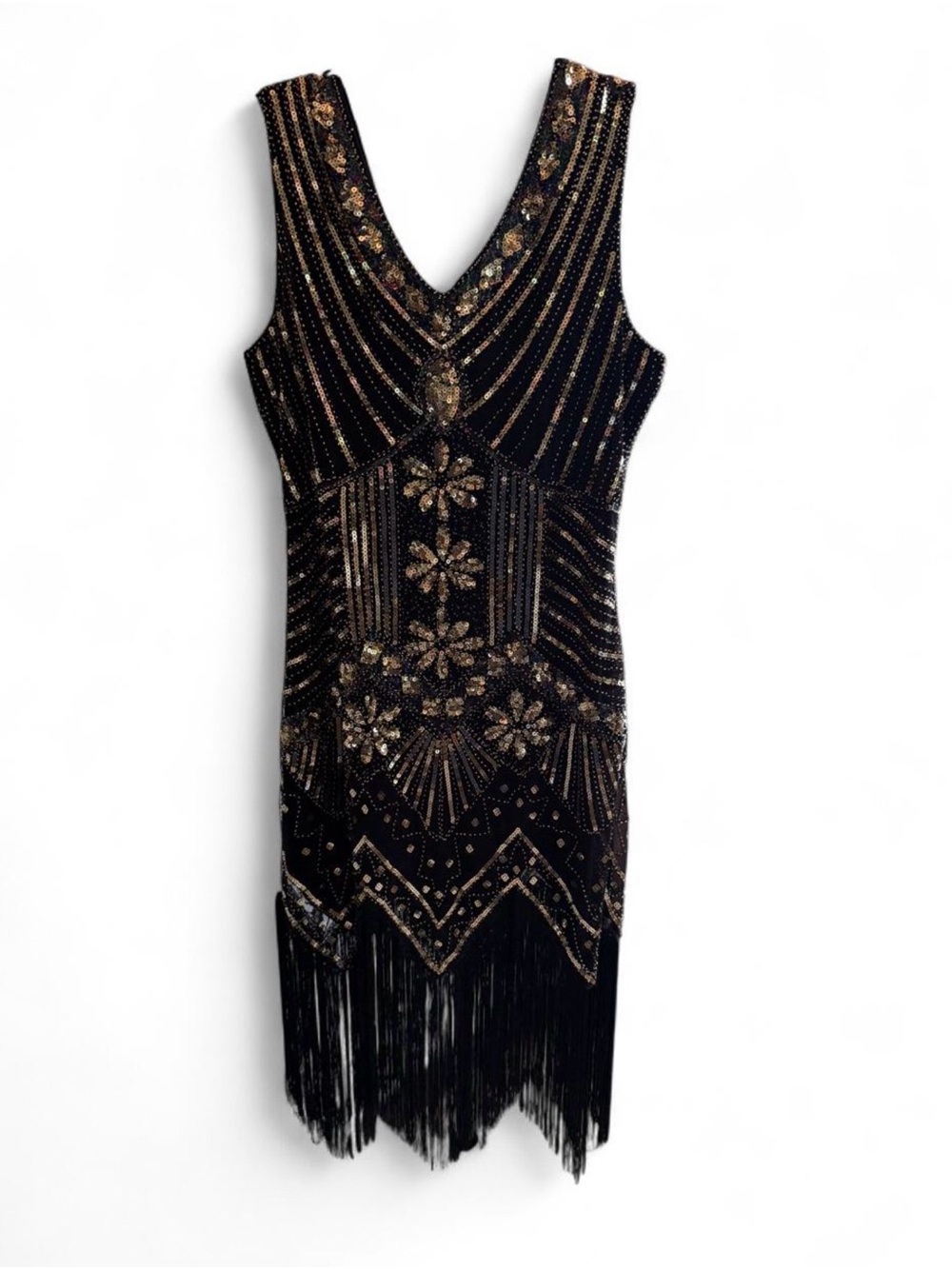Black & Gold Beaded Fringe V-Neck Evening Dress